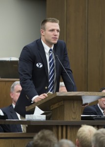 Taysom Hill speaks at a fireside prior to their game against Michigan on Sept. 25, 2015 (Mark A. Philbrick, BYU)